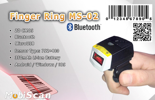 MobiScan FingerRing MS02 Bluetooth MOBISCAN MS-02 Skaner kodw 2D Bezprzewodowy Bluetooth 3.0 Porczny piecie MobiSCAN  Kompatybilny Windows Android IOS mobilator.pl New Portable Devices Mobilne Skanery kodw kreskowych MINI Barcode scanner 2D CMOS