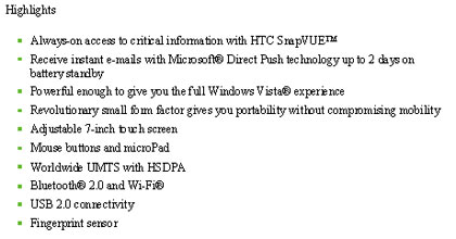 HTC Shift UMPC Highlines