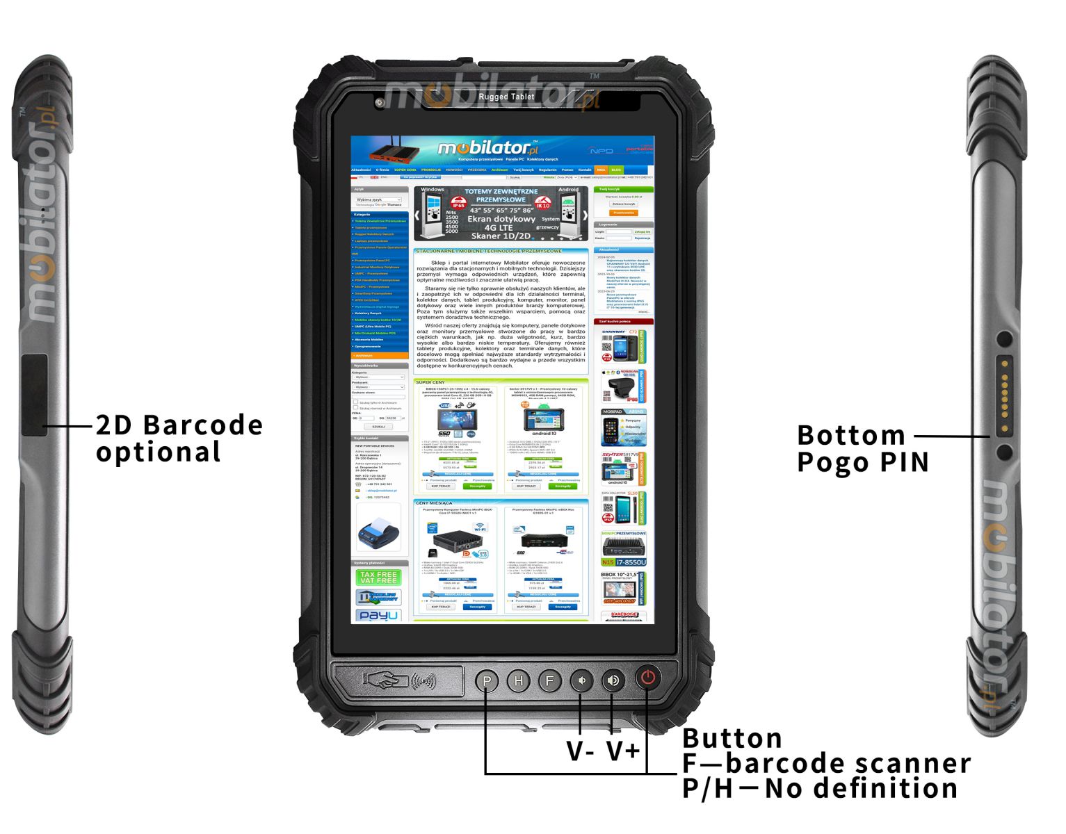 MobiPAD 9TS-5A - rugged tablet for field work with UHF RFID (3-4m), high-precision GPS, 8-inch screen, 400 nits, Android 11, shock-resistant, 8-core processor, 4GB RAM, 64GB ROM, IP65 standard