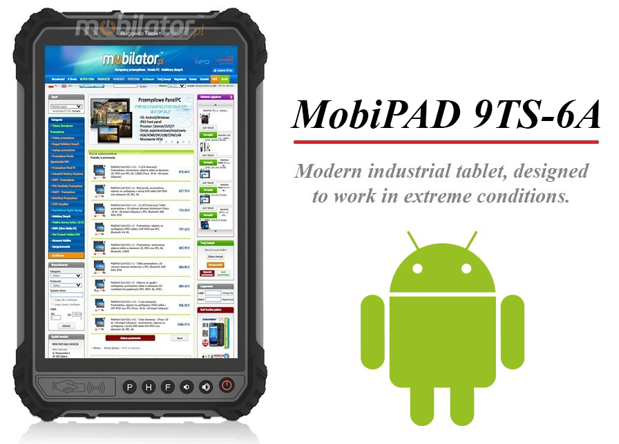 MobiPAD 9TS-6A - Rugged tablet for industry with Android 11, 8GB RAM and 256GB ROM, 8 inch 1280x800 screen with 1000 nits brightness, IP66 drop and harsh environment resistant, LTE 4G, WiFi, Bluetooth, 10000mAh battery