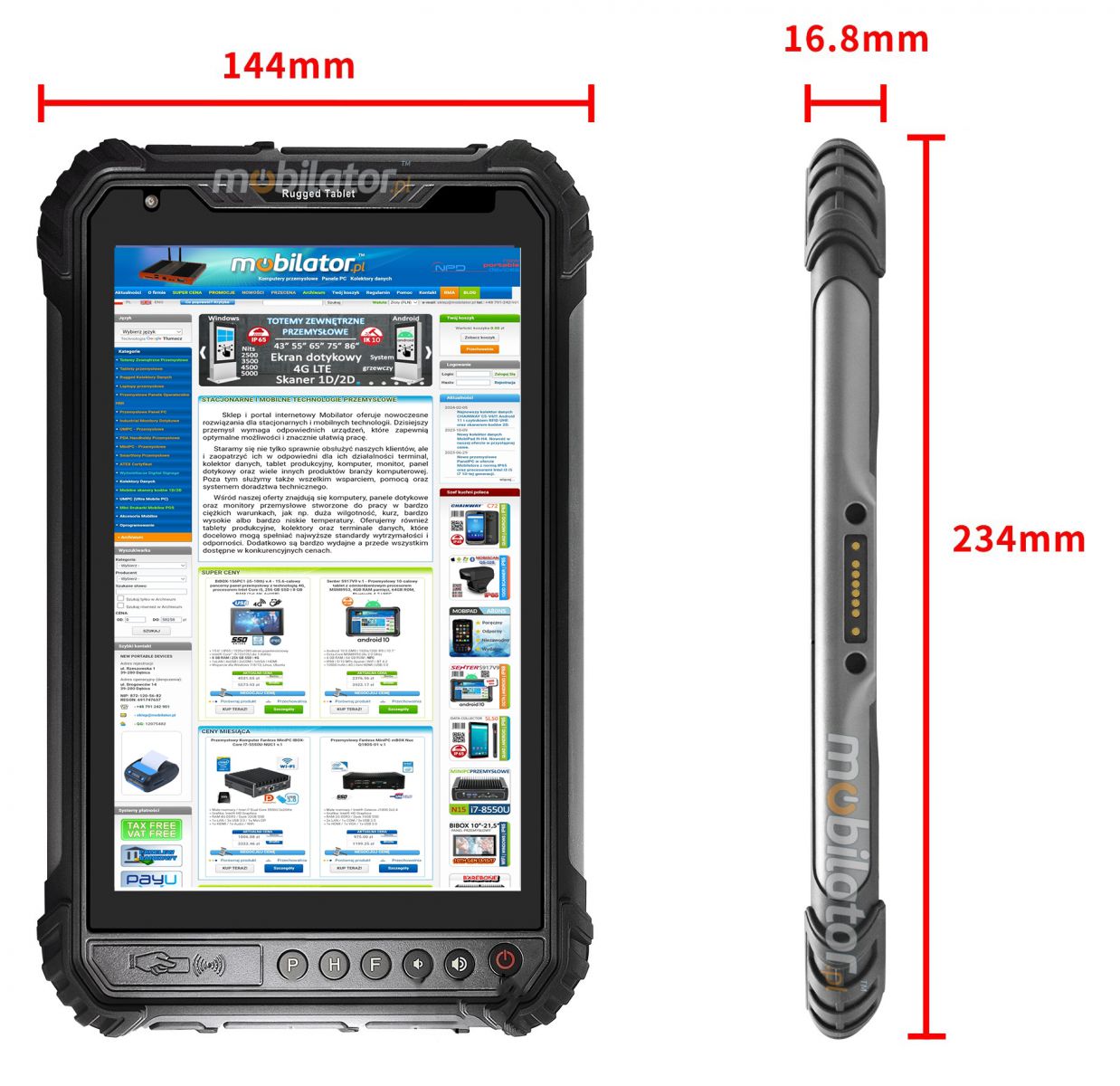 MobiPAD 9TS-6A - outdoor tablet, waterproof and dustproof with IP66 certification, Android 11 system, 8-inch touchscreen with 1280x800 resolution, 1000 nits brightness, 8-core 2.0GHz processor, 4GB RAM, 64GB ROM, support 4G LTE and 3G, 5mpx and 21mpx cameras, capacious 10000mAh battery, WiFi and Bluetooth