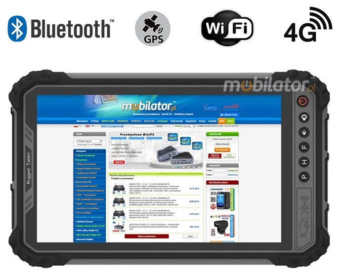 MobiPAD 9TS-6A - Construction site tablet with Android 11, 6GB RAM and 128GB ROM. 8 inch 1280x800 screen with 1000 nits brightness, IP66 water, dust and shock resistant. Equipped with UHF RFID (3-4m), Newland N1 2D scanner, NFC, fingerprint reader, LTE 4G, Bluetooth, WiFi and 10000mAh battery