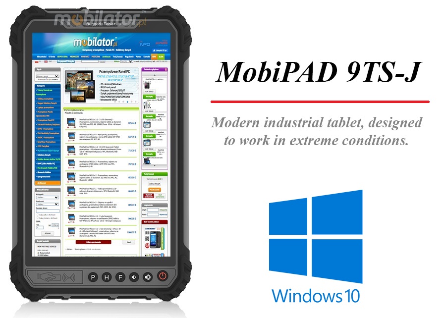 MobiPAD 9TS-J - industrial, waterproof tablet with Newland N1 2D scanner, NFC, Intel Celeron N4500 2x2.8GHz processor, Windows 10, 8 inch touch screen, 4GB RAM, 64GB ROM, IP65, 1.2 meter drop resistant, 450 nits