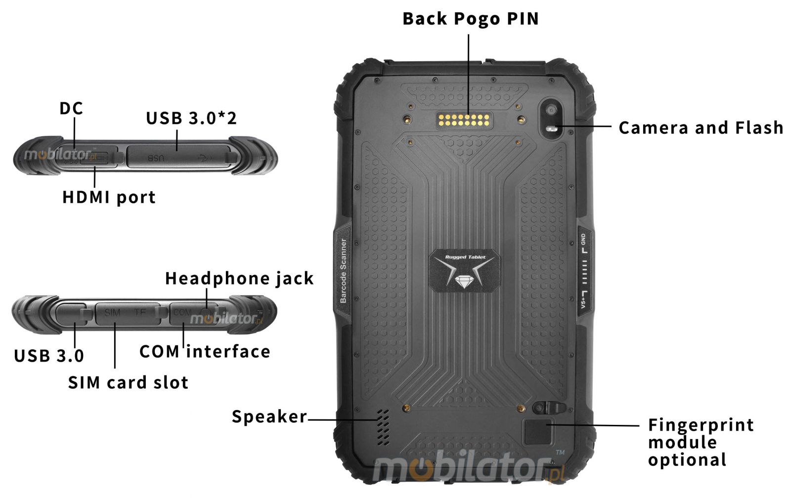 MobiPAD 9TS-J - Rugged tablet with 8 inch screen 1920x1200, 8GB RAM, 256GB ROM, 450 nits screen, Intel Celeron processor, IP65 standard, Windows 10, 4G, ideal for stock