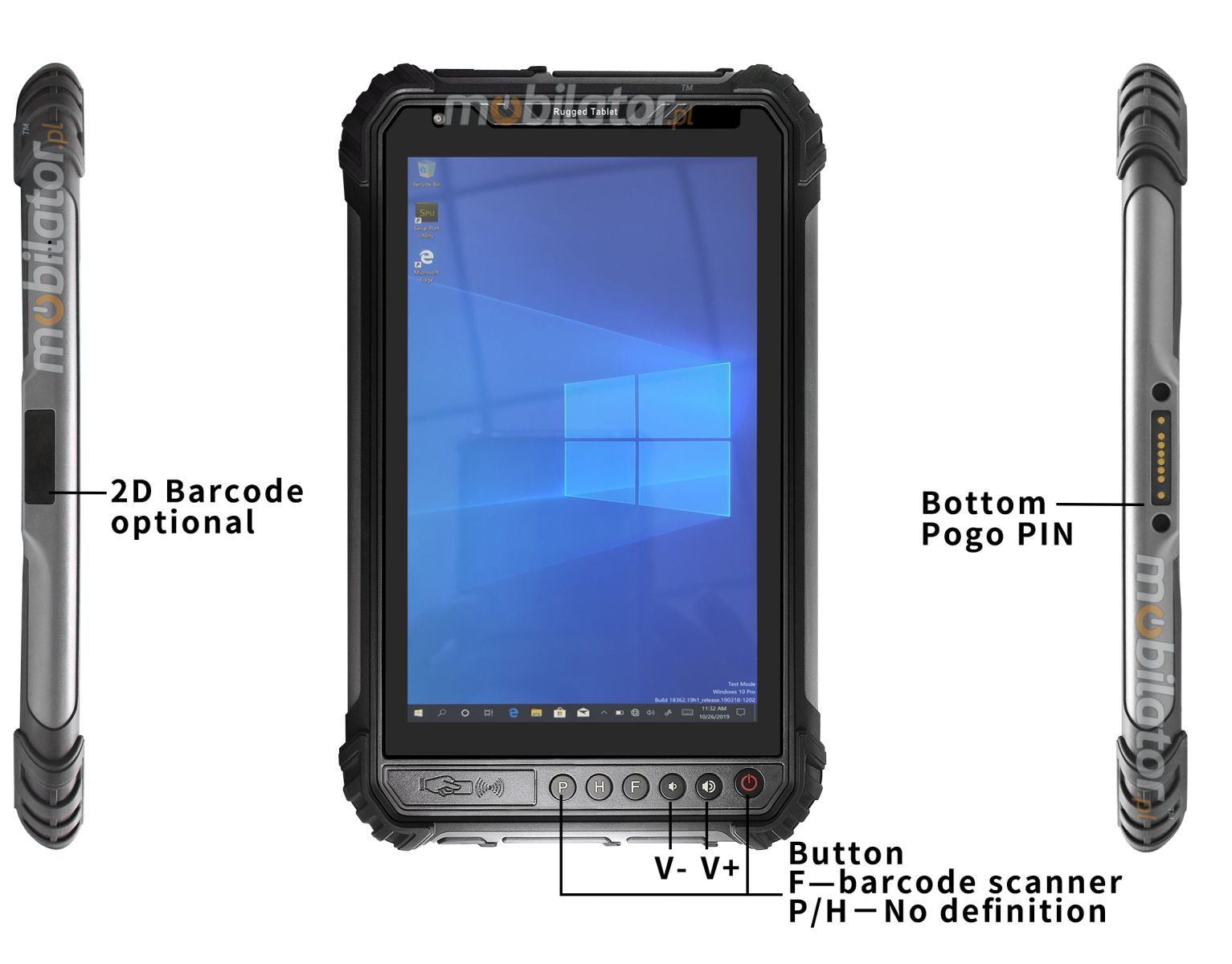 MobiPAD 9TS-J - military tablet with high-precision GPS, UHF RFID 3-4 meters, NFC, Newland N1 2D scanner, fingerprint reader, Intel Celeron N4500 processor 2x2.8GHz, Windows 10, 8 inch touch screen, 4GB RAM, 64GB ROM, IP65, resistant to extreme conditions