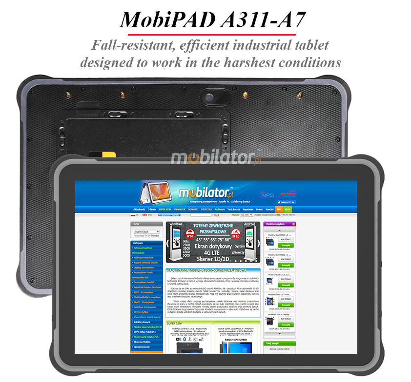 MobiPAD A311-A7 - rugged industrial tablet with IP67 standard, 8GB RAM, 256GB ROM, NFC, Bluetooth 5.0, MT6789 processor - 8 x 2.2 GHz, 4G LTE, Android 13.0, GPS, 10.1 inch, 1920x1200, 450 nits, equipped with Honeywell N4680 2D scanner and fingerprint reader