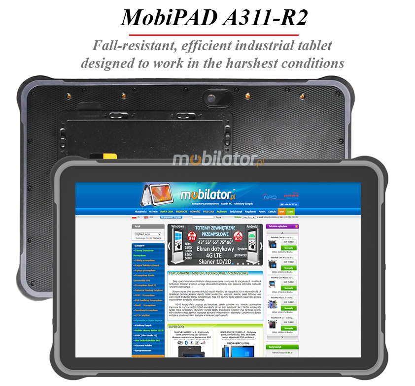 MobiPAD A311-R2 - 10.1 inch multifunctional industrial tablet, Android 12, 8GB RAM, 256GB ROM, IP65, NFC, GPS, Bluetooth 5.0, 1920x1200, 450 nits, with fingerprint reader and Honeywell N4680 2D scanner