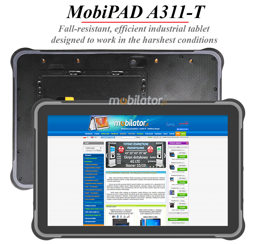 MobiPAD A311-T - Android 10, rugged tablet for industrial use with 10.1 inch screen, 1920x1200 resolution and 450 nits brightness, equipped with 2.0GHz 8-core processor, 256GB ROM and 8GB RAM, 5mpx/13mpx cameras, NFC, 5G, Bluetooth 5.0, USB 3.0, WiFi, GPS, RJ45