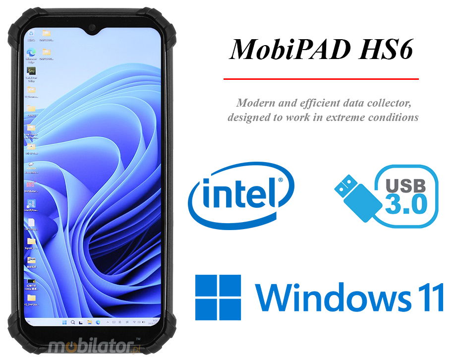 MobiPAD HS6 - Ruggedized 6.5 inch touchscreen data collector, Intel Celeron N100 4x3.4GHz, Windows 11, 8GB RAM, 256GB ROM, GPS, NFC, Bluetooth 5.0, Wifi, IP67, Zebra SE5500 2D scanner, resistant to extreme weather conditions