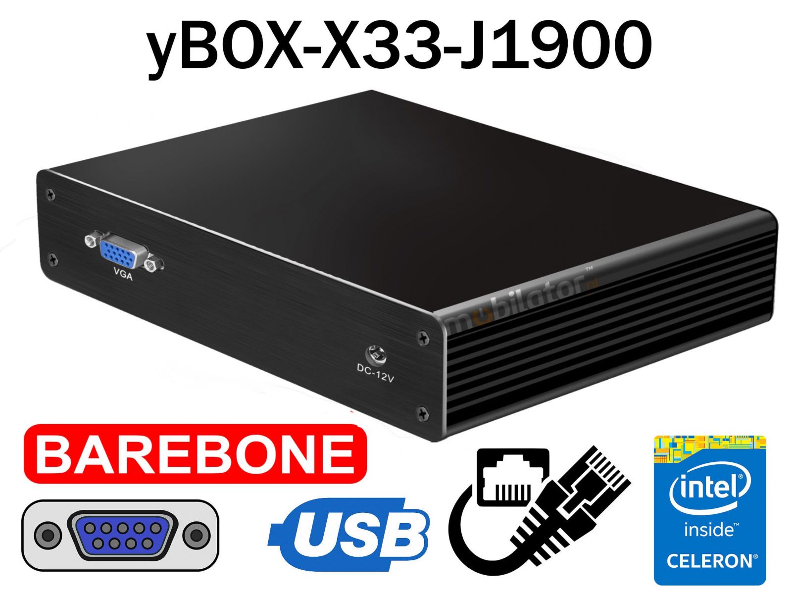 Reinforced budget small industrial computer Fanless MiniPC yBOX-X33- (6xLAN) -J1900 Barebone