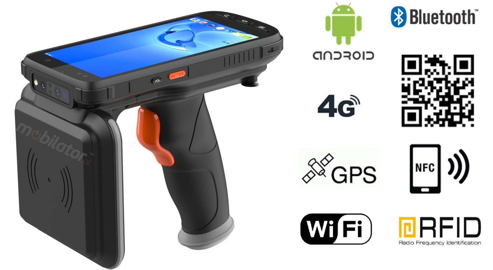 MobiPad XX-B6 v.8 - Industrial data collector with a pistol grip and a 2D code scanner (Mindeo ME5600) and NFC + 4G LTE + Bluetooth + WiFi + UHF 18m 